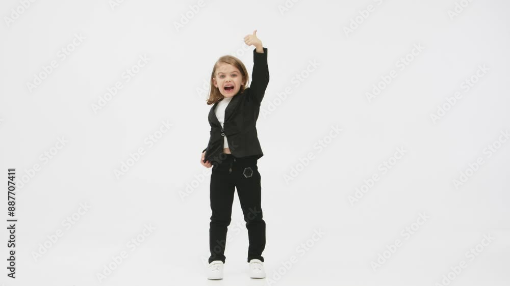 Concept of business, deal and modern technology. Little business girl on a white background in the studio presses her mobile phone and shows a “super” gesture of approval. Concept of business, deal and modern technology. Little business girl on a white background in the studio presses her mobile phone and shows a “super” gesture of approval.