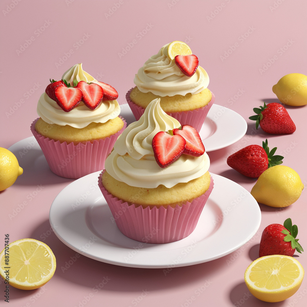 3D Vegan Lemon Strawberry Cupcakes. Strawberry Topped Cupcakes. Strawberry on fork topping freshly baked cupcakes 3D Vegan Lemon Strawberry Cupcakes. Strawberry Topped Cupcakes. Strawberry on fork topping freshly baked cupcakes