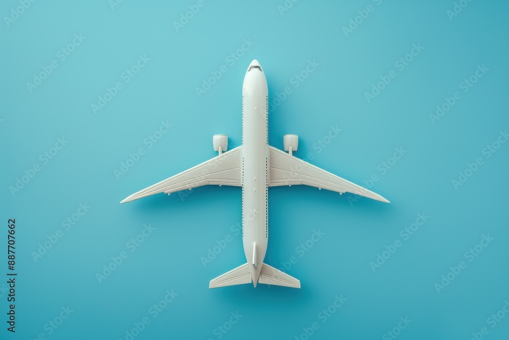 White airplane on blue background. Top view of passenger plane on color background. Traveling or transportation concept. Generated AI White airplane on blue background. Top view of passenger plane on color background. Traveling or transportation concept. Generated AI