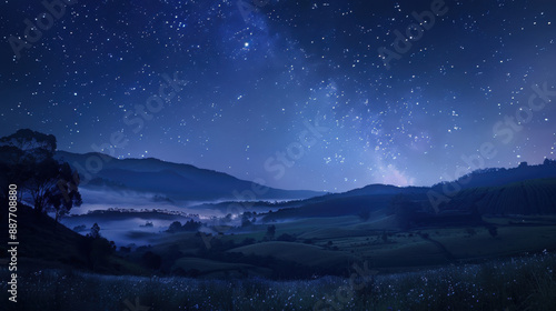 Starry night sky over a misty mountainous landscape with visible Milky Way galaxy