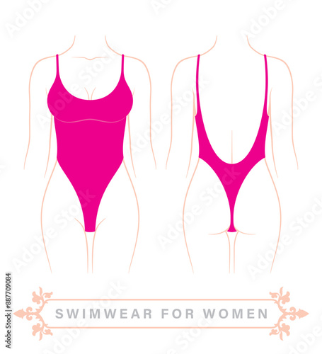 Vector woman body line with pink swimsuit. Isolated on white background.