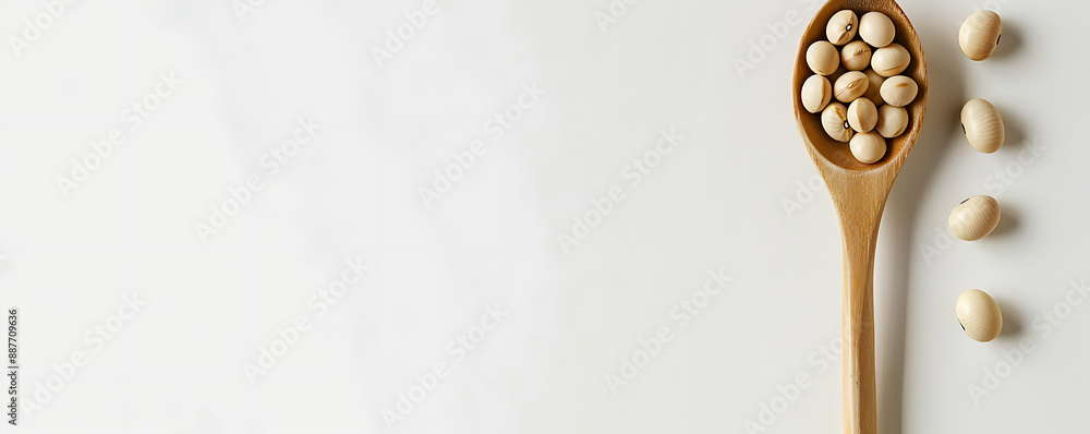 close-up view of a spoon filled with soybeans and a bowl of soy milk on a white background close-up view of a spoon filled with soybeans and a bowl of soy milk on a white background