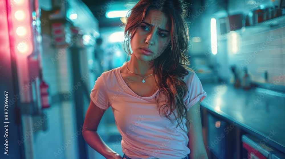 A woman with long hair and a necklace is standing in a dark room A woman with long hair and a necklace is standing in a dark room