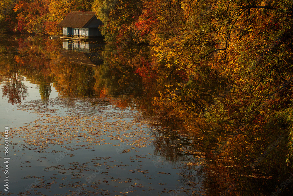 Landscape with beautiful house on a lake with colourful leafs in autumn season