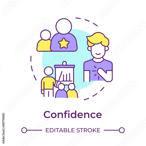 Confidence multi color concept icon. Mentor quality. Self-assurance. Decision-making. Public speaking. Round shape line illustration. Abstract idea. Graphic design. Easy to use in article