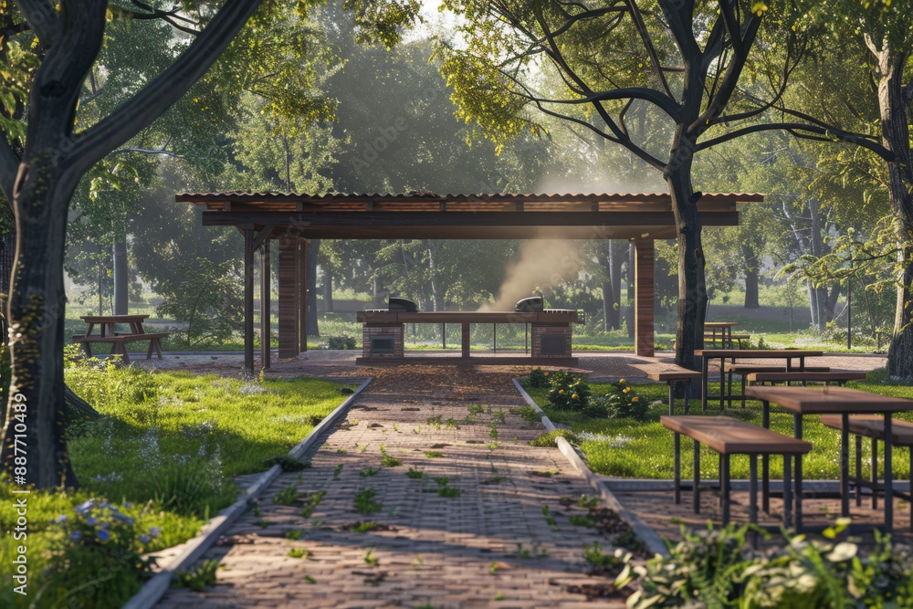 park pavilion grills multiple picnic tables trees brick path leading covered area. atmosphere serene inviting, perfect relaxing outdoor gathering. weekend family barbecue area. autumn no people park pavilion grills multiple picnic tables trees brick path leading covered area. atmosphere serene inviting, perfect relaxing outdoor gathering. weekend family barbecue area. autumn no people