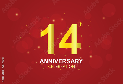 14th anniversary logo with golden ring, confetti and red ribbon isolated on elegant black background, sparkle, vector design for greeting card and invitation card