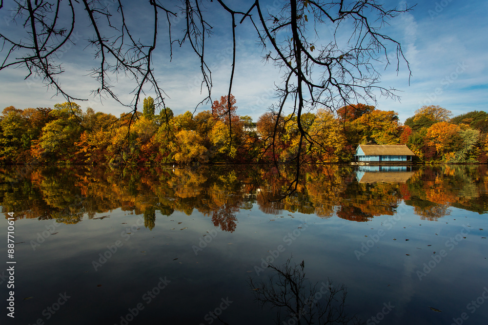 Landscape with beautiful house on a lake with colourful leafs in autumn season