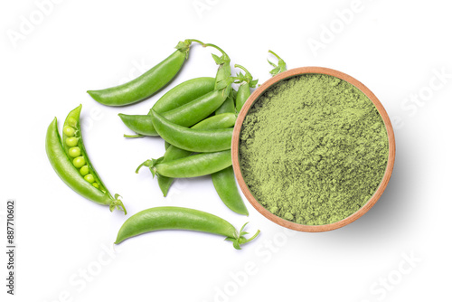 Green pea protein powder in wooden bowl and fresh green pea with seeds isolated on white background. Top view, flat lay.