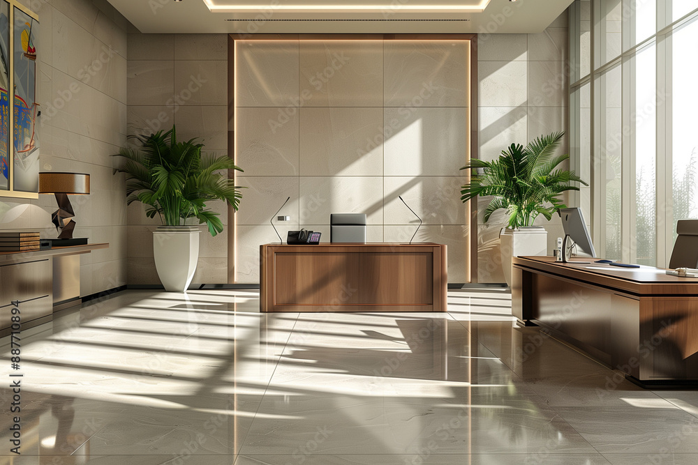 Modern office interior with natural light, elegant and spacious design, indoor plants Modern office interior with natural light, elegant and spacious design, indoor plants
