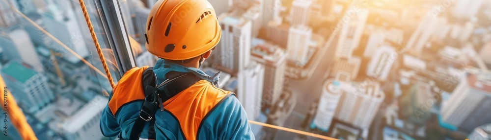 Construction worker wearing a safety harness and helmet working at height on a building Construction worker wearing a safety harness and helmet working at height on a building