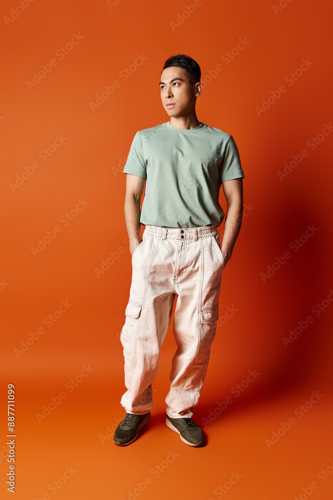 A handsome Asian man stands confidently in stylish attire against a bright orange background in a studio setting. A handsome Asian man stands confidently in stylish attire against a bright orange background in a studio setting.