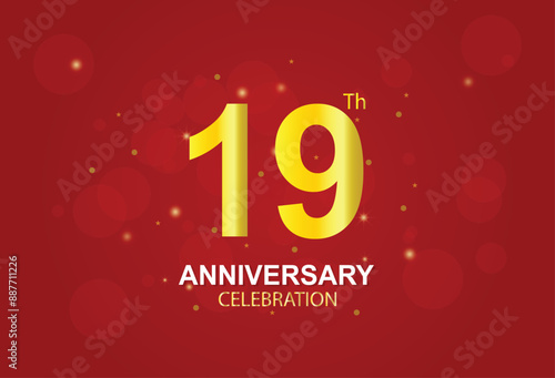 19th anniversary logo with red ribbon and gold confetti isolated on elegant background, sparkle, vector design for greeting card and invitation card.