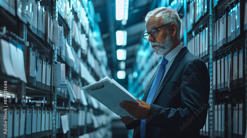Fototapeta premium Businessman reviewing documents in archive room filled with numerous files and folders, focused on organizational work.