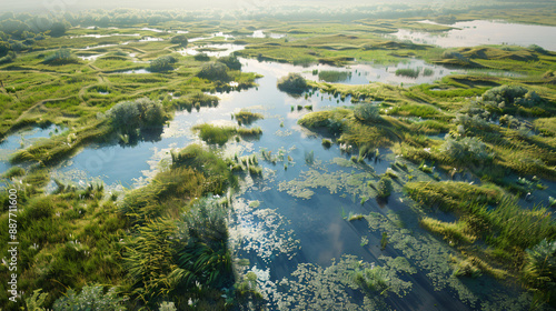 Aerial view of lush marshlands with vibrant greenery, tranquil waters and an overcast sky, showcasing serene natural beauty. © Piyapat
