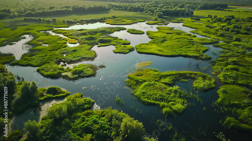 Aerial view of lush green marshland with interconnected water bodies, showing the beauty of nature and wetlands ecology.