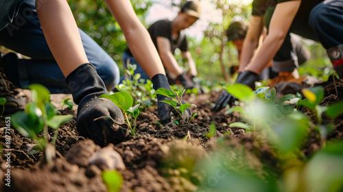 Group of people wearing gloves, working together in a garden, planting young plants in the soil during a sunny day. © Piyapat