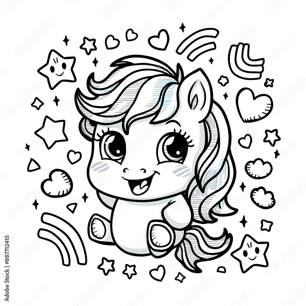 Unicorn line art for children coloring book illustration. Cute cartoon