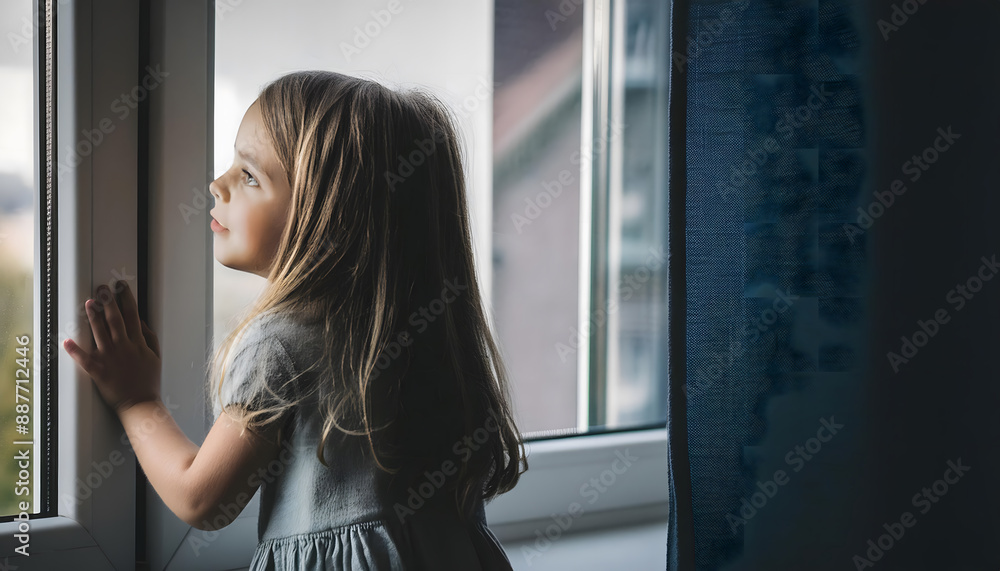 Staring sadly and gloomily out of the window. A feeling of being alone, depression, sadness. Young girl. Staring sadly and gloomily out of the window. A feeling of being alone, depression, sadness. Young girl.