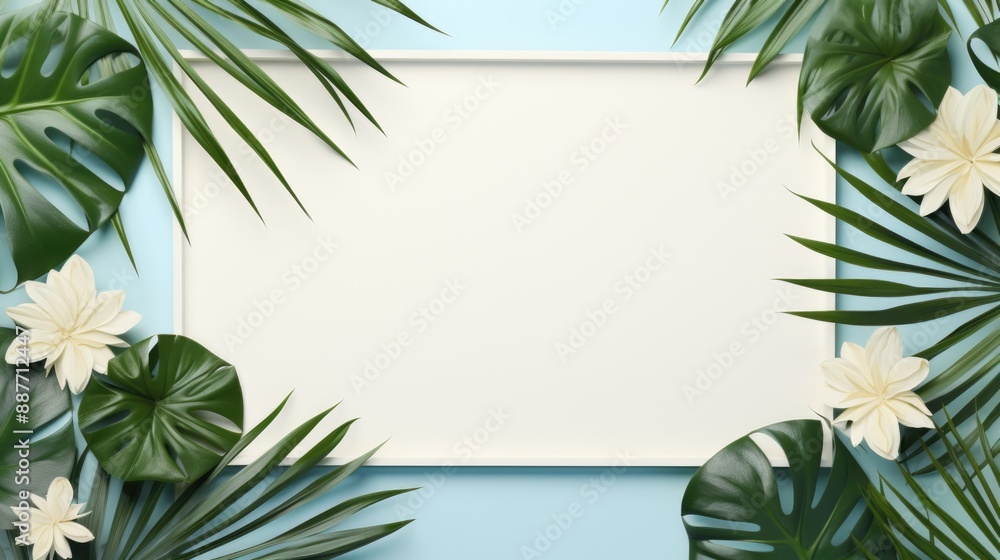 Minimalistic White Frame on Soft Pastel Background with Monstera Leaves Flat Lay for Text or Graphics Design Concept Minimalistic White Frame on Soft Pastel Background with Monstera Leaves Flat Lay for Text or Graphics Design Concept