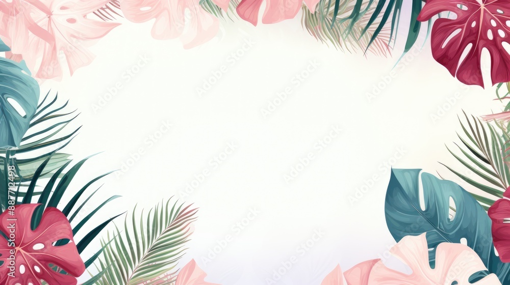 Elegant White Frame on Soft Blue and Cream Background with Monstera Leaves, Flat Lay Photo with Copy Space Elegant White Frame on Soft Blue and Cream Background with Monstera Leaves, Flat Lay Photo with Copy Space