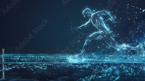 Fototapeta Naklejka Na Ścianę i Meble -  Blue glowing wireframe hologram of an athlete running on dark blue background concept for sport technology and futuristic digital design element