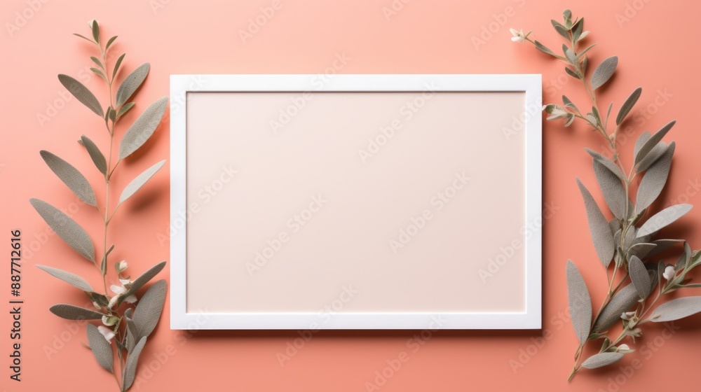Minimalist White Frame on Soft Coral and Beige Background with Olive Leaves, Top View Flat Lay Composition for Text or Graphics Design Minimalist White Frame on Soft Coral and Beige Background with Olive Leaves, Top View Flat Lay Composition for Text or Graphics Design