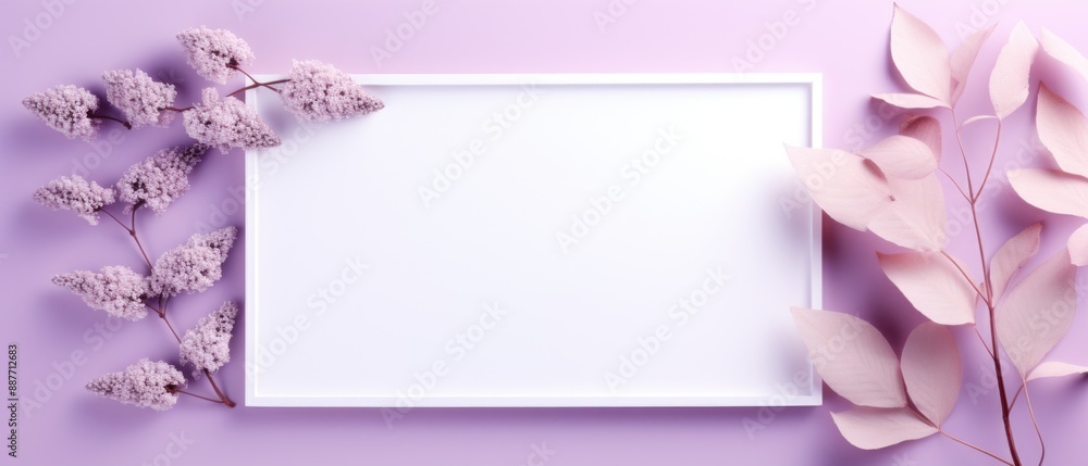 Minimalist White Frame on Pastel Purple and Beige Background with Birch Leaves and Green Plants for Text Overlay, Flat Lay Composition Minimalist White Frame on Pastel Purple and Beige Background with Birch Leaves and Green Plants for Text Overlay, Flat Lay Composition