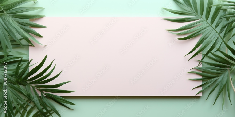 Minimalist White Frame on Pastel Green and Beige Background with Palm Leaves and Space for Text, Flat Lay Composition from Above Minimalist White Frame on Pastel Green and Beige Background with Palm Leaves and Space for Text, Flat Lay Composition from Above
