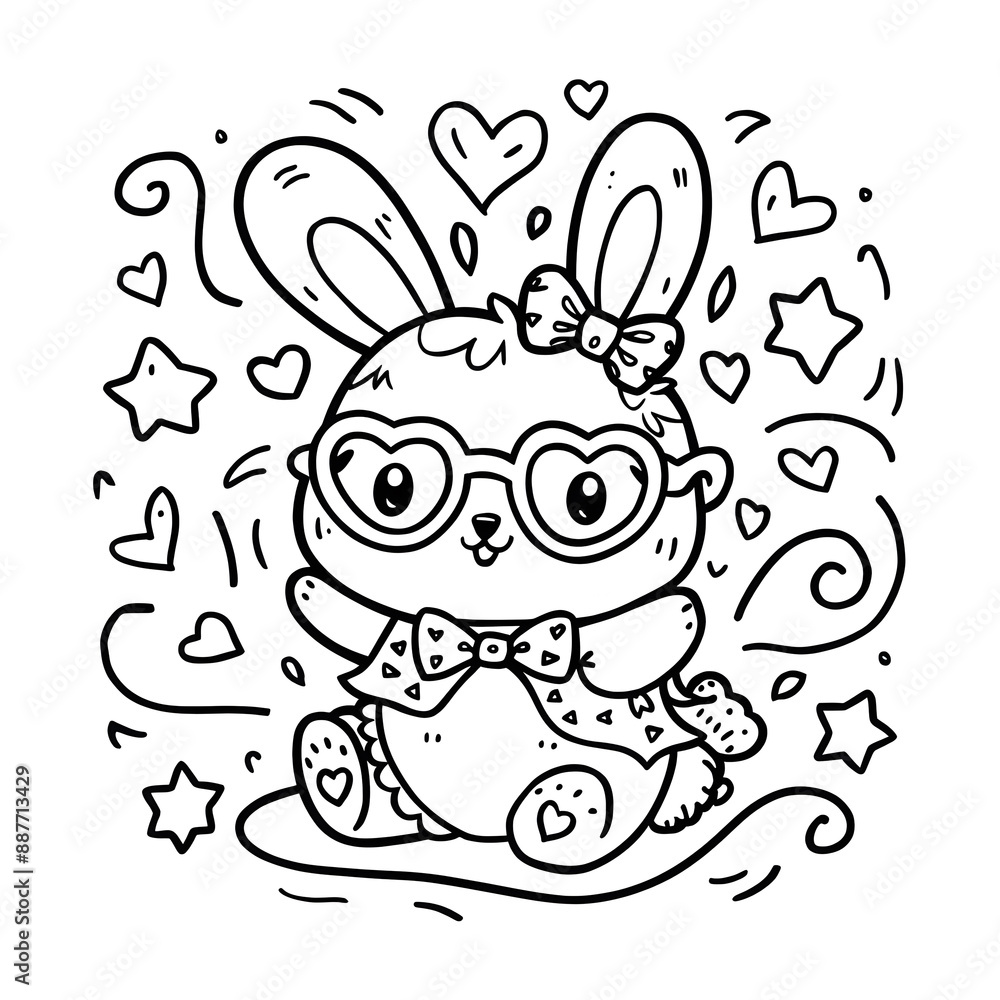 Rabbit line art for children coloring book illustration. Cute cartoon