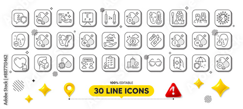 Uv protection, Vision board and Bromine mineral line icons pack. 3d design elements. Shield, Volunteer, Fever web icon. Sulfur mineral, Coronavirus vaccine, Doctor pictogram. Vector
