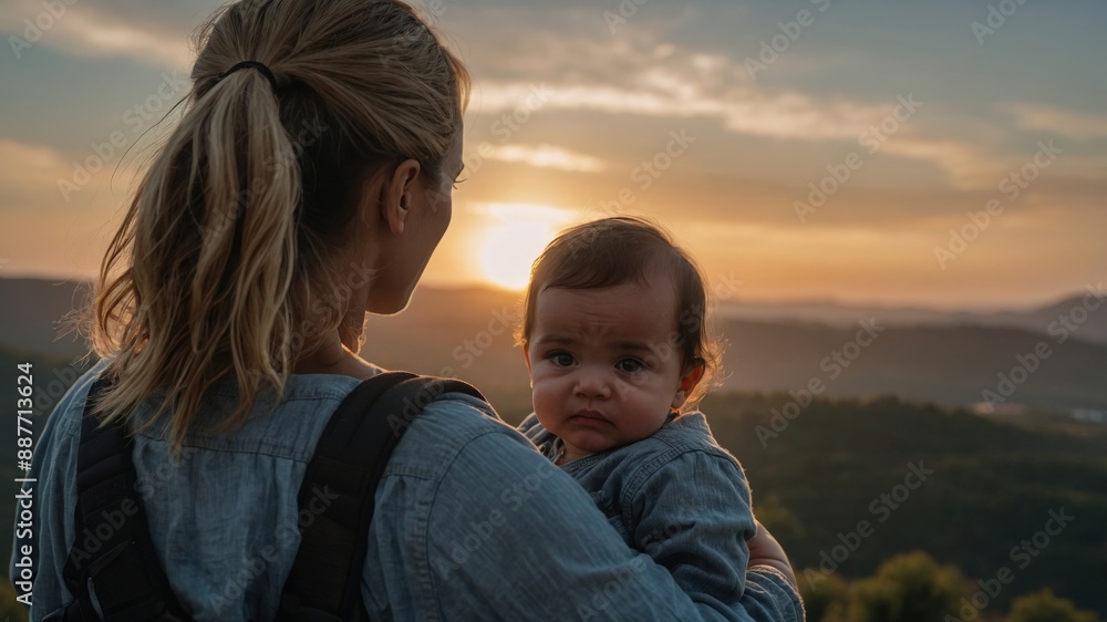 A mother holds her baby while enjoying a scenic sunset view, overlooking hills and a serene landscape.
