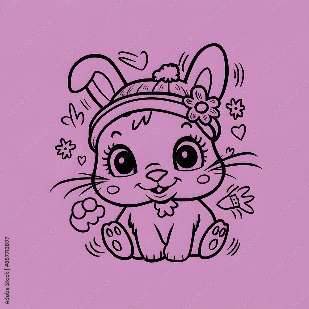 Rabbit line art for children coloring book illustration. Cute cartoon