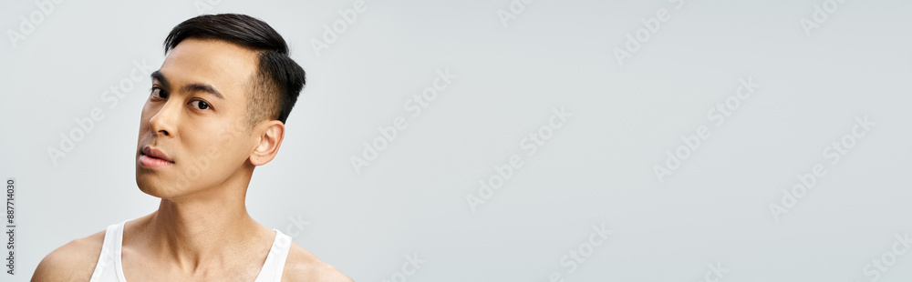 Obraz premium Handsome Asian man in white tank top posing in grey studio setting, banner
