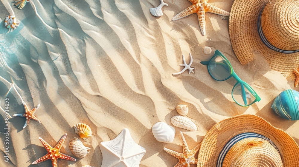 Naklejka premium Assortment of beach accessories on sand, seen from a top view