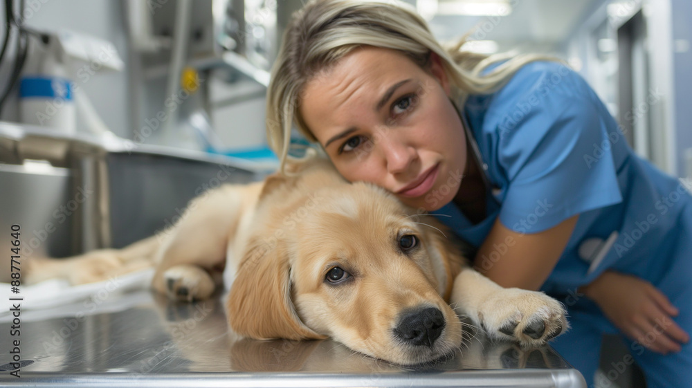 Veterinarian comforting sad Golden Retriever puppy Veterinarian comforting sad Golden Retriever puppy