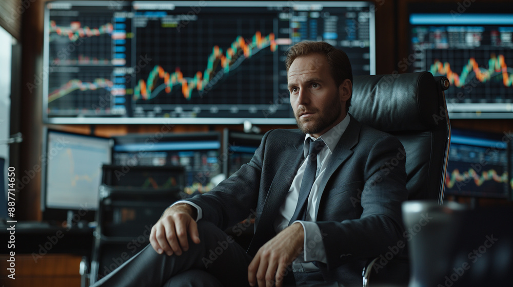 Businessman in office with stock market charts on monitors Businessman in office with stock market charts on monitors