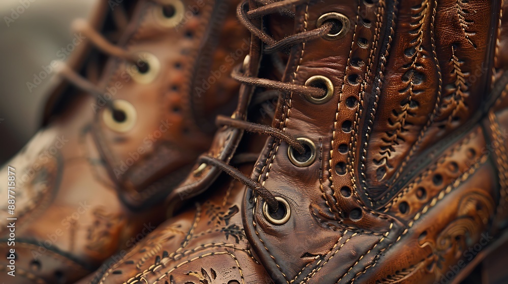 A close-up of a pair of stylish boots with intricate stitching