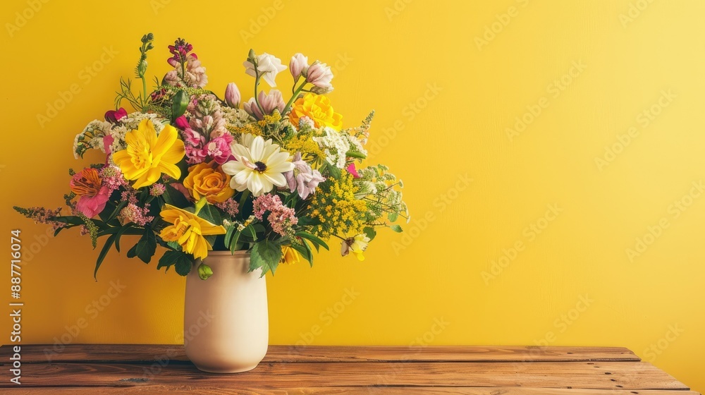 Elegant bouquet of flowers on a wooden table, set against a yellow background Elegant bouquet of flowers on a wooden table, set against a yellow background