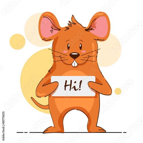 Vector cartoon character. Mouse with a welcome sign. Bright cute mouse character. Stylized animal.