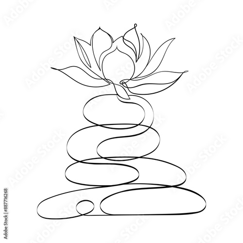 Vector illustration of lotus flower. Flower arrangement of lotus on stones. Illustration in oriental style with one line. Logo for the massage industry.