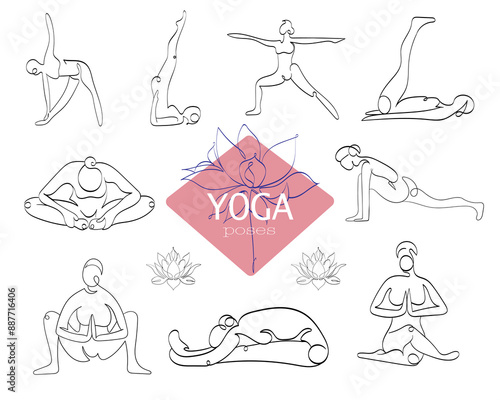 Vector set of yoga asanas. Yoga design with lotus flower. Fitness class. Healthy lifestyle. Modern sports activities.
