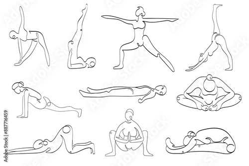 Set of yoga asanas. Healthy body. Healthy lifestyle, meditation, yoga as a sport. Yoga is a sport for body and soul. Exercises for stretching.