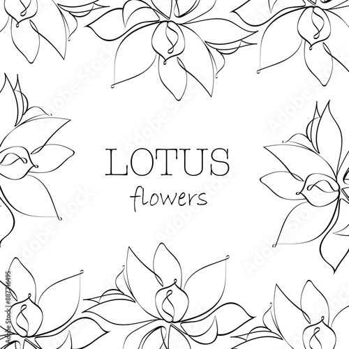 Square greeting frame made of lotus flowers. Flower coloring book. Vector lotus flowers. Lush peonies coloring book.