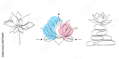 Vector set of floral illustrations. Lotus flower design. Lotus flowers in one line style. Flower clipart.