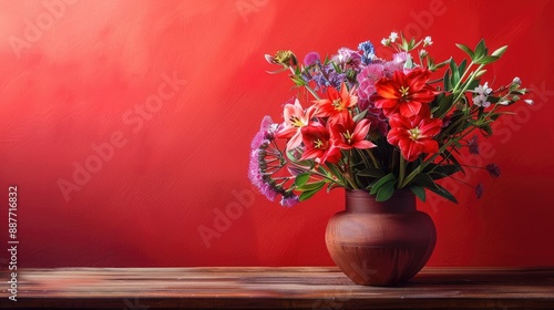 Wallpaper Mural Flowers in a vase on a wooden table, highlighted by a red background Torontodigital.ca