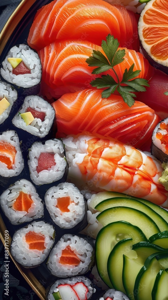 A delicious assortment of sushi including salmon, cucumber rolls, and prawns, beautifully presented on a dark plate. A delicious assortment of sushi including salmon, cucumber rolls, and prawns, beautifully presented on a dark plate.