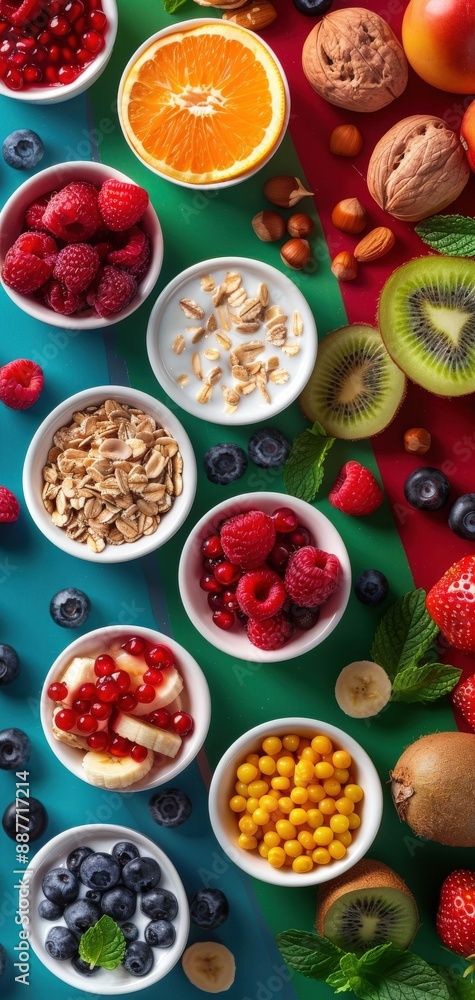 Variety of fresh fruits and healthy cereals in bowls on colorful background, showcasing a vibrant and nutritious breakfast spread. Variety of fresh fruits and healthy cereals in bowls on colorful background, showcasing a vibrant and nutritious breakfast spread.