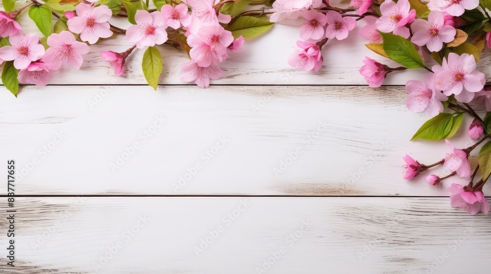 Spring cherry blossom background with wooden board Spring cherry blossom background with wooden board