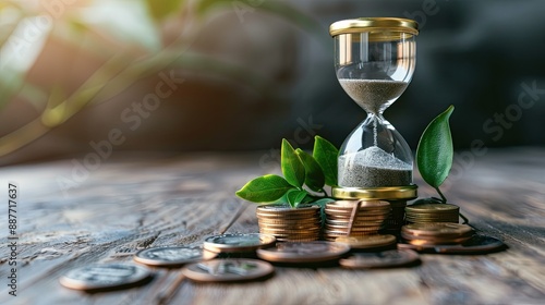 Hourglass and coins illustrating time investment and financial growth on a neutral background